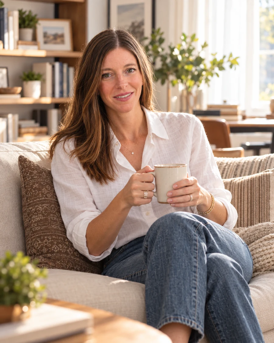 Jessica holding a coffee mug in a bright, welcoming home office